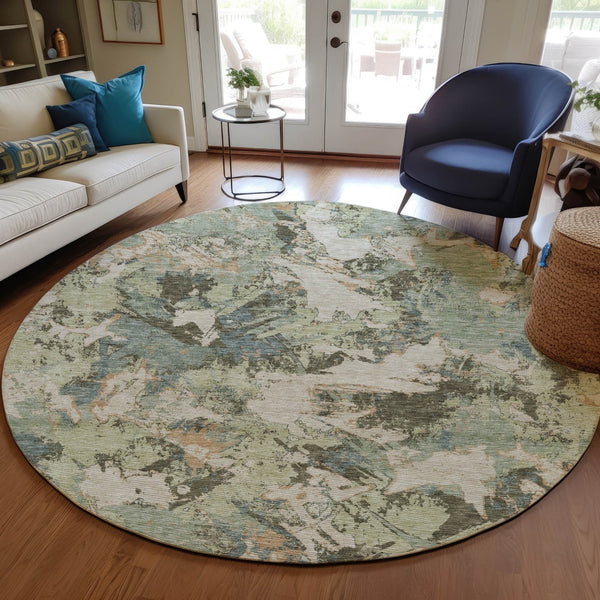 Homeroots 3' Beige Brown And Green Floral Washable Area Rug For Indoor And Outdoor Spaces, Durable Design 8' Round Polyester 592157
