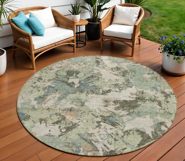 Homeroots 3' Beige Brown And Green Floral Washable Area Rug For Indoor And Outdoor Spaces, Durable Design 8' Round Polyester 592157