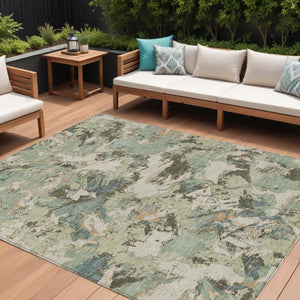 Homeroots 3' Beige Brown And Green Floral Washable Area Rug For Indoor And Outdoor Spaces, Durable Design 8' X 10' Polyester 592158