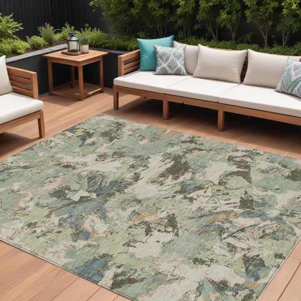 Homeroots 3' Beige Brown And Green Floral Washable Area Rug For Indoor And Outdoor Spaces, Durable Design 10' X 14' Polyester 592160