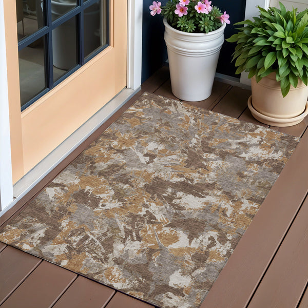 Homeroots 3' Beige Brown And Green Floral Washable Area Rug For Indoor And Outdoor Spaces, Durable Design 3' X 5' Polyester 592167