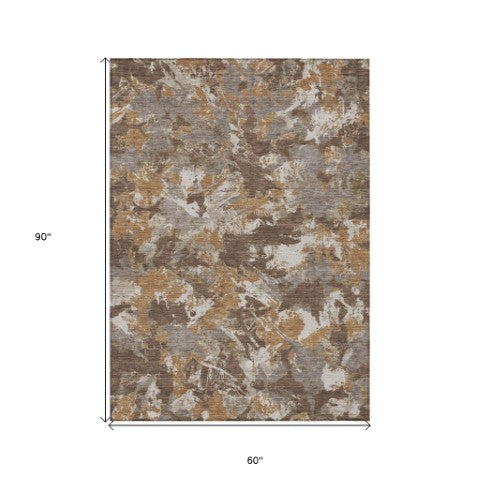 Homeroots 3' Beige Brown And Green Floral Washable Area Rug For Indoor And Outdoor Spaces, Durable Design 5' X 8' Polyester 592168