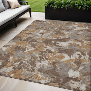 Homeroots 3' Beige Brown And Green Floral Washable Area Rug For Indoor And Outdoor Spaces, Durable Design 5' X 8' Polyester 592168