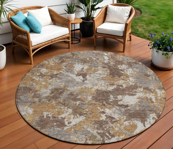 Homeroots 3' Beige Brown And Green Floral Washable Area Rug For Indoor And Outdoor Spaces, Durable Design 8' Round Polyester 592169