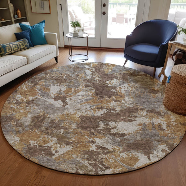 Homeroots 3' Beige Brown And Green Floral Washable Area Rug For Indoor And Outdoor Spaces, Durable Design 8' Round Polyester 592169