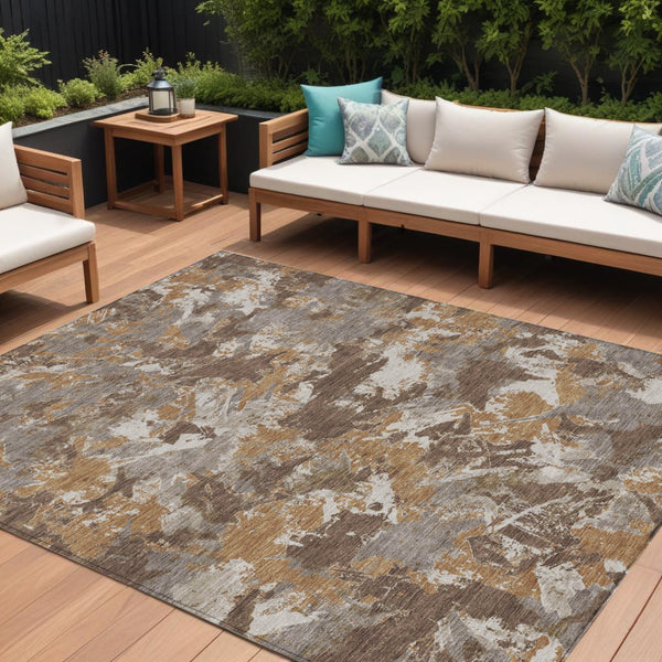 Homeroots 3' Beige Brown And Green Floral Washable Area Rug For Indoor And Outdoor Spaces, Durable Design 8' X 10' Polyester 592170