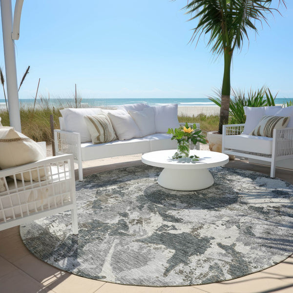 Homeroots 3' Beige Brown And Green Floral Washable Area Rug For Indoor And Outdoor Spaces, Durable Design 8' Round Polyester 592175