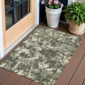Homeroots 3' Beige Brown And Green Floral Washable Area Rug For Indoor And Outdoor Spaces, Durable Design 3' X 5' Polyester 592185