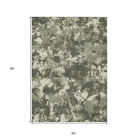 Homeroots 3' Beige Brown And Green Floral Washable Area Rug For Indoor And Outdoor Spaces, Durable Design 5' X 8' Polyester 592186