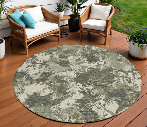 Homeroots 3' Beige Brown And Green Floral Washable Area Rug For Indoor And Outdoor Spaces, Durable Design 8' Round Polyester 592187