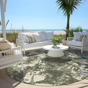 Homeroots 3' Beige Brown And Green Floral Washable Area Rug For Indoor And Outdoor Spaces, Durable Design 8' Round Polyester 592187