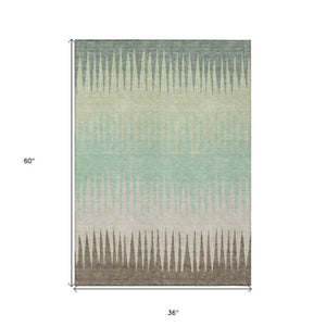 Homeroots 3' Artichoke Green Beige Brown Striped Washable Rug - Perfect For Indoor And Outdoor Spaces 3' X 5' Polyester 592191