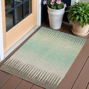 Homeroots 3' Artichoke Green Beige Brown Striped Washable Rug - Perfect For Indoor And Outdoor Spaces 3' X 5' Polyester 592191