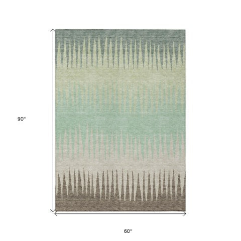 Homeroots 3' Artichoke Green Beige Brown Striped Washable Rug - Perfect For Indoor And Outdoor Spaces 5' X 8' Polyester 592192