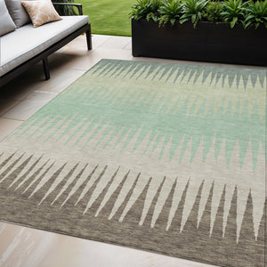 Homeroots 3' Artichoke Green Beige Brown Striped Washable Rug - Perfect For Indoor And Outdoor Spaces 5' X 8' Polyester 592192