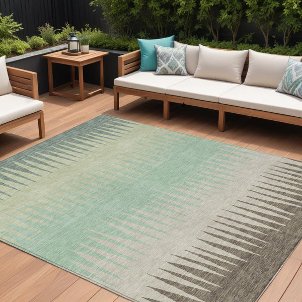 Homeroots 3' Artichoke Green Beige Brown Striped Washable Rug - Perfect For Indoor And Outdoor Spaces 9' X 12' Polyester 592195