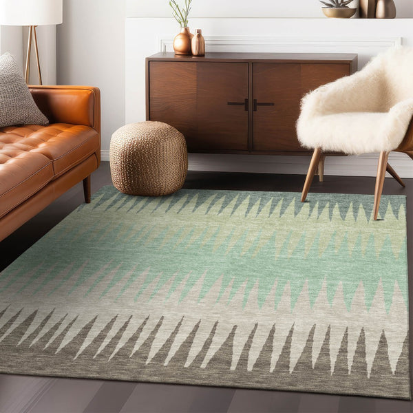 Homeroots 3' Artichoke Green Beige Brown Striped Washable Rug - Perfect For Indoor And Outdoor Spaces 10' X 14' Polyester 592196