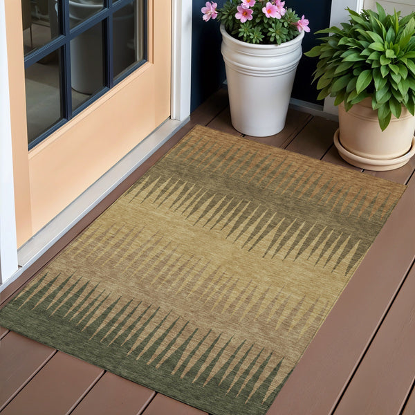 Homeroots 3' Artichoke Green Beige Brown Striped Washable Rug - Perfect For Indoor And Outdoor Spaces 3' X 5' Polyester 592197