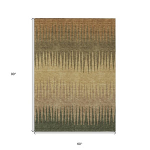 Homeroots 3' Artichoke Green Beige Brown Striped Washable Rug - Perfect For Indoor And Outdoor Spaces 5' X 8' Polyester 592198