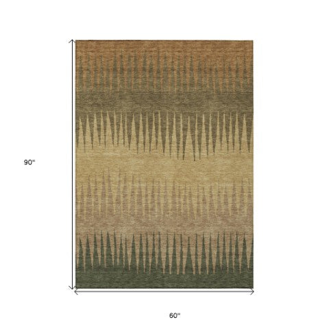 Homeroots 3' Artichoke Green Beige Brown Striped Washable Rug - Perfect For Indoor And Outdoor Spaces 5' X 8' Polyester 592198
