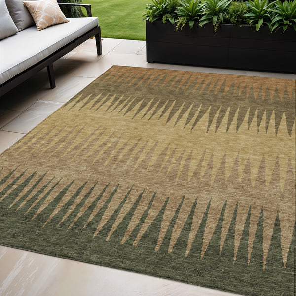 Homeroots 3' Artichoke Green Beige Brown Striped Washable Rug - Perfect For Indoor And Outdoor Spaces 5' X 8' Polyester 592198
