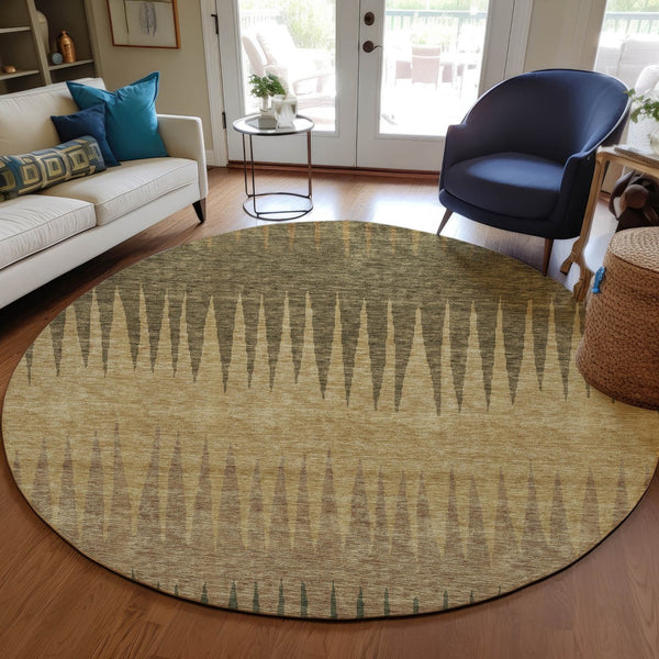 Homeroots 3' Artichoke Green Beige Brown Striped Washable Rug - Perfect For Indoor And Outdoor Spaces 8' Round Polyester 592199
