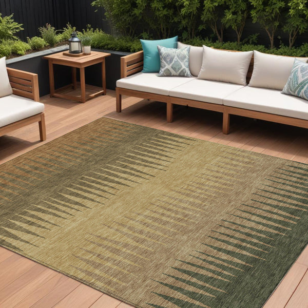 Homeroots 3' Artichoke Green Beige Brown Striped Washable Rug - Perfect For Indoor And Outdoor Spaces 10' X 14' Polyester 592202