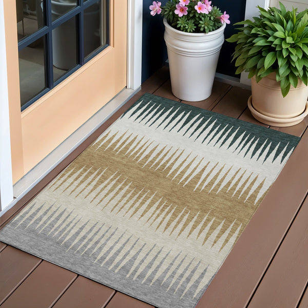 Homeroots 3' Artichoke Green Beige Brown Striped Washable Rug - Perfect For Indoor And Outdoor Spaces 3' X 5' Polyester 592203