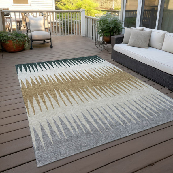 Homeroots 3' Artichoke Green Beige Brown Striped Washable Rug - Perfect For Indoor And Outdoor Spaces 3' X 5' Polyester 592203