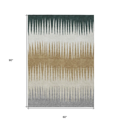 Homeroots 3' Artichoke Green Beige Brown Striped Washable Rug - Perfect For Indoor And Outdoor Spaces 5' X 8' Polyester 592204
