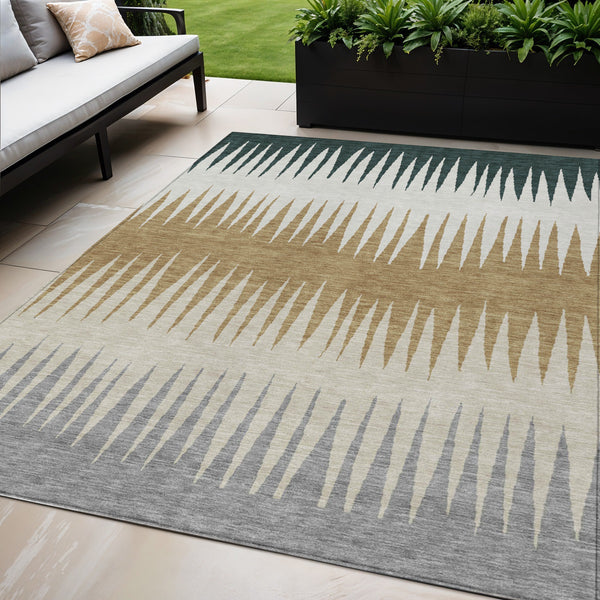 Homeroots 3' Artichoke Green Beige Brown Striped Washable Rug - Perfect For Indoor And Outdoor Spaces 5' X 8' Polyester 592204