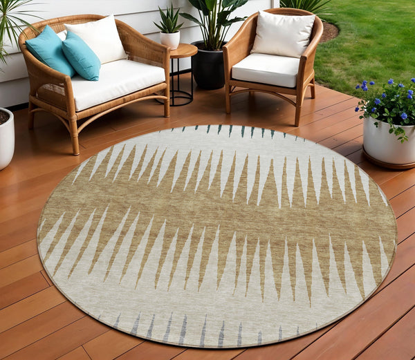 Homeroots 3' Artichoke Green Beige Brown Striped Washable Rug - Perfect For Indoor And Outdoor Spaces 8' Round Polyester 592205