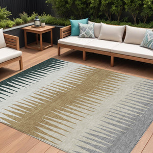 Homeroots 3' Artichoke Green Beige Brown Striped Washable Rug - Perfect For Indoor And Outdoor Spaces 10' X 14' Polyester 592208