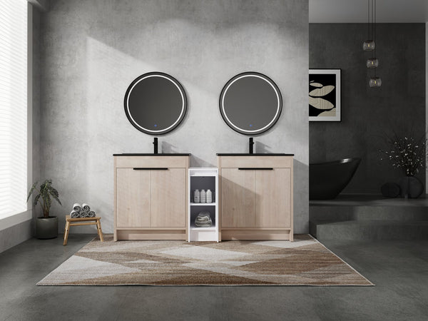 English Elm 72 Inch Freestanding Bathroom Vanity Set With Black Ceramic Sinks, Soft-Close Doors & Storage Solutions W999S00319
