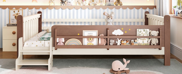 English Elm Queen Bunk Bed with Trundle Solid Pine Kids Car Themed Frame Built-in Bookshelf Beige+Natural W1580S00536