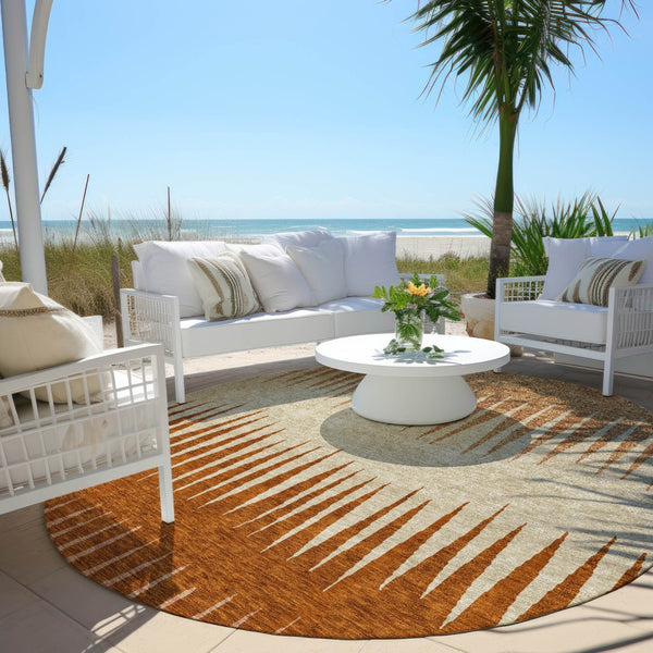 Homeroots 3' Artichoke Green Beige Brown Striped Washable Rug - Perfect For Indoor And Outdoor Spaces 8' Round Polyester 592211