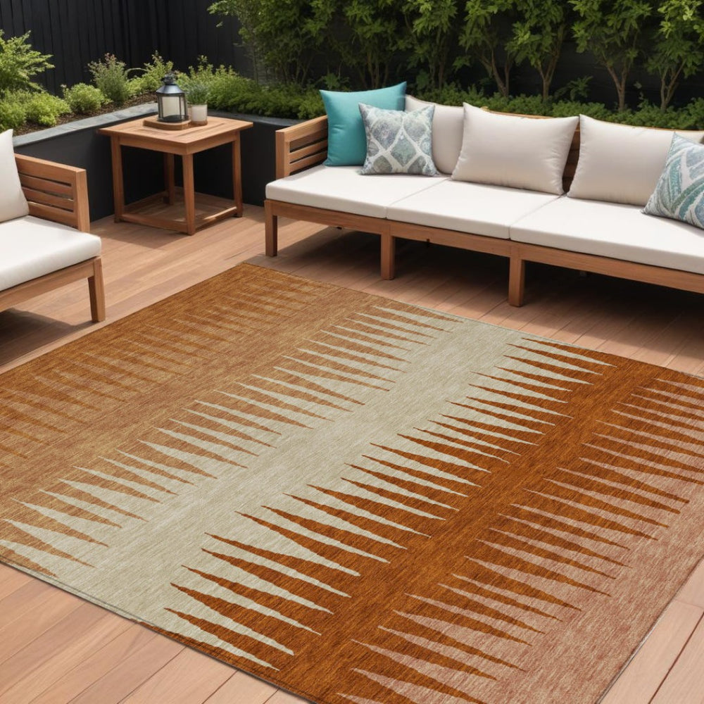 HomeRoots 9' Copper Brown and Beige Striped Area Rug – Durable, Washable, Indoor/Outdoor Design for Any Space 9' X 12' 592213