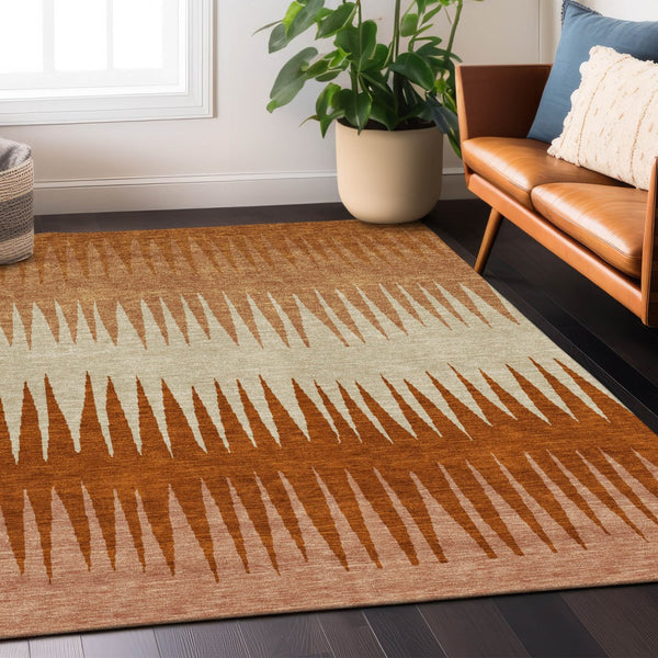 Homeroots 3' Artichoke Green Beige Brown Striped Washable Rug - Perfect For Indoor And Outdoor Spaces 9' X 12' Polyester 592213