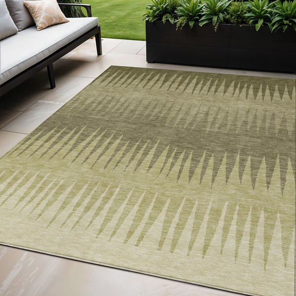 Homeroots 3' Artichoke Green Beige Brown Striped Washable Rug - Perfect For Indoor And Outdoor Spaces 5' X 8' Polyester 592216