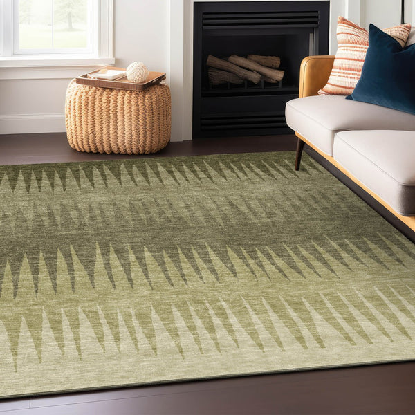 Homeroots 3' Artichoke Green Beige Brown Striped Washable Rug - Perfect For Indoor And Outdoor Spaces 5' X 8' Polyester 592216