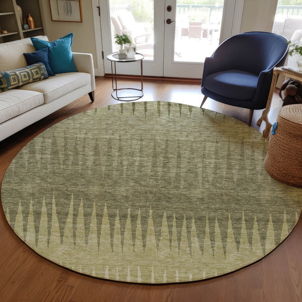 Homeroots 3' Artichoke Green Beige Brown Striped Washable Rug - Perfect For Indoor And Outdoor Spaces 8' Round Polyester 592217