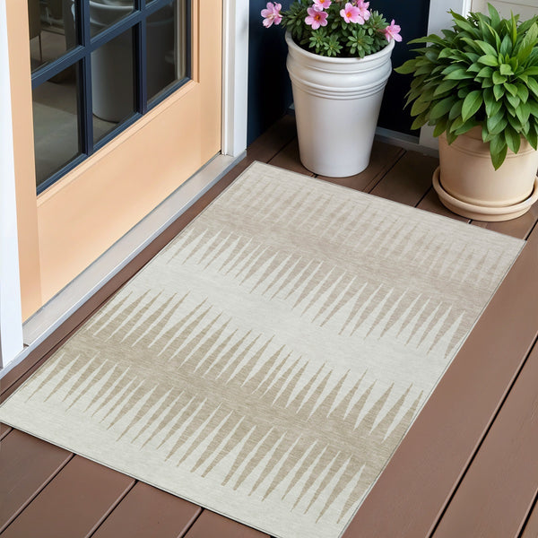 Homeroots 3' Artichoke Green Beige Brown Striped Washable Rug - Perfect For Indoor And Outdoor Spaces 3' X 5' Polyester 592221