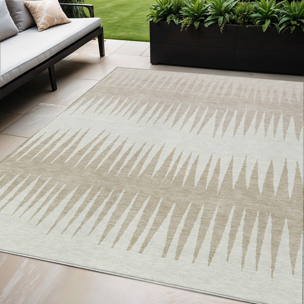 Homeroots 3' Artichoke Green Beige Brown Striped Washable Rug - Perfect For Indoor And Outdoor Spaces 5' X 8' Polyester 592222