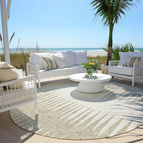 Homeroots 3' Artichoke Green Beige Brown Striped Washable Rug - Perfect For Indoor And Outdoor Spaces 8' Round Polyester 592223