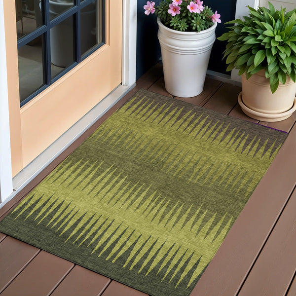 Homeroots 3' Artichoke Green Beige Brown Striped Washable Rug - Perfect For Indoor And Outdoor Spaces 3' X 5' Polyester 592233
