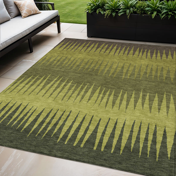 Homeroots 3' Artichoke Green Beige Brown Striped Washable Rug - Perfect For Indoor And Outdoor Spaces 5' X 8' Polyester 592234