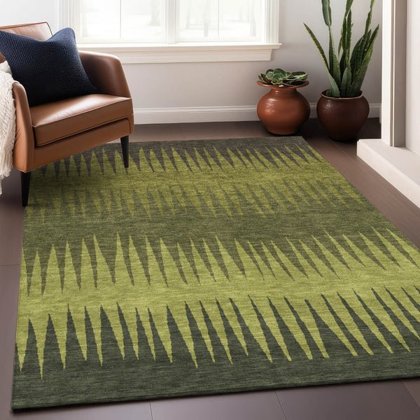 Homeroots 3' Artichoke Green Beige Brown Striped Washable Rug - Perfect For Indoor And Outdoor Spaces 8' X 10' Polyester 592236