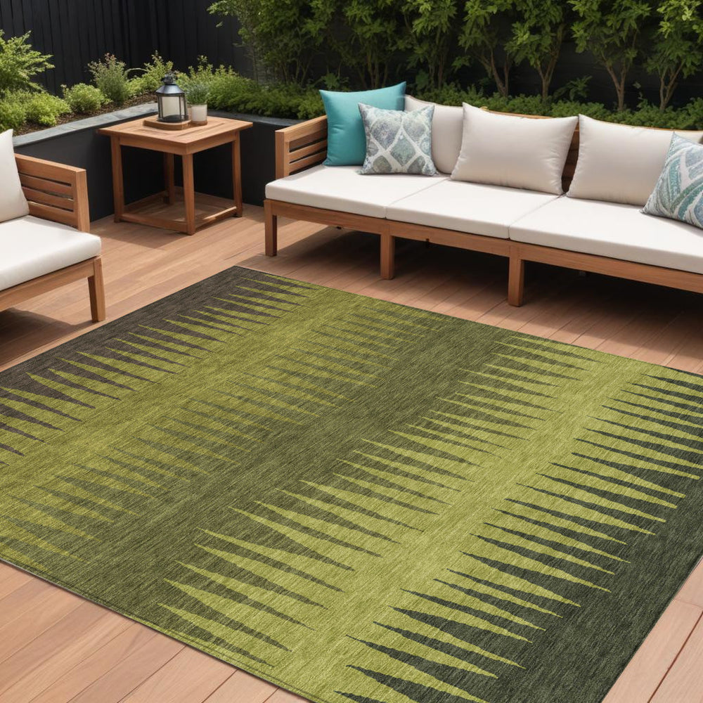 Homeroots 3' Artichoke Green Beige Brown Striped Washable Rug - Perfect For Indoor And Outdoor Spaces 9' X 12' Polyester 592237