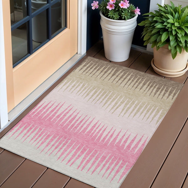Homeroots 3' Artichoke Green Beige Brown Striped Washable Rug - Perfect For Indoor And Outdoor Spaces 3' X 5' Polyester 592239