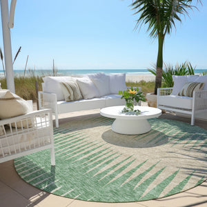 Homeroots 3' Artichoke Green Beige Brown Striped Washable Rug - Perfect For Indoor And Outdoor Spaces 8' Round Polyester 592259